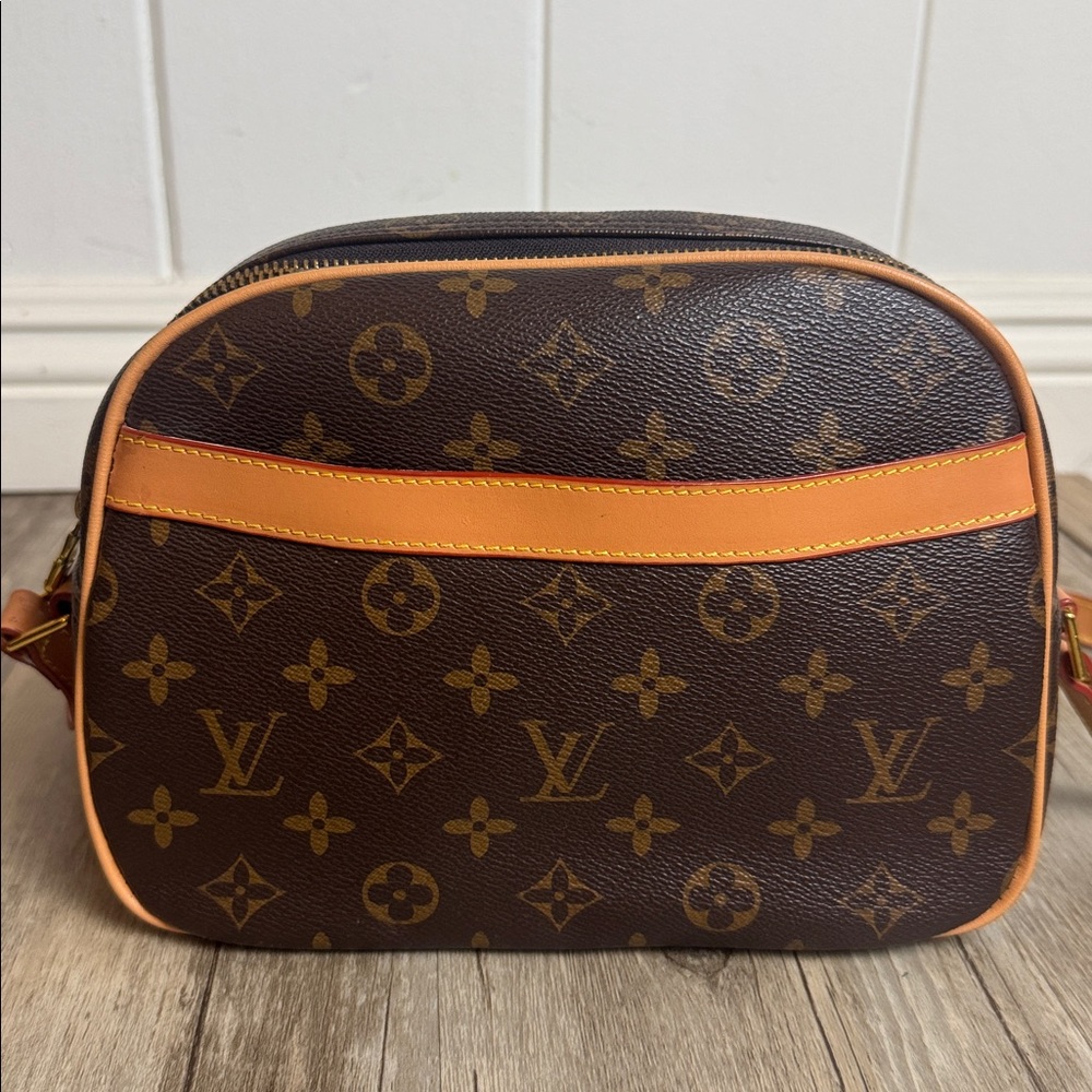 Vintage Brown Monogram Crossbody Bag Canvas Leather Trim Zip